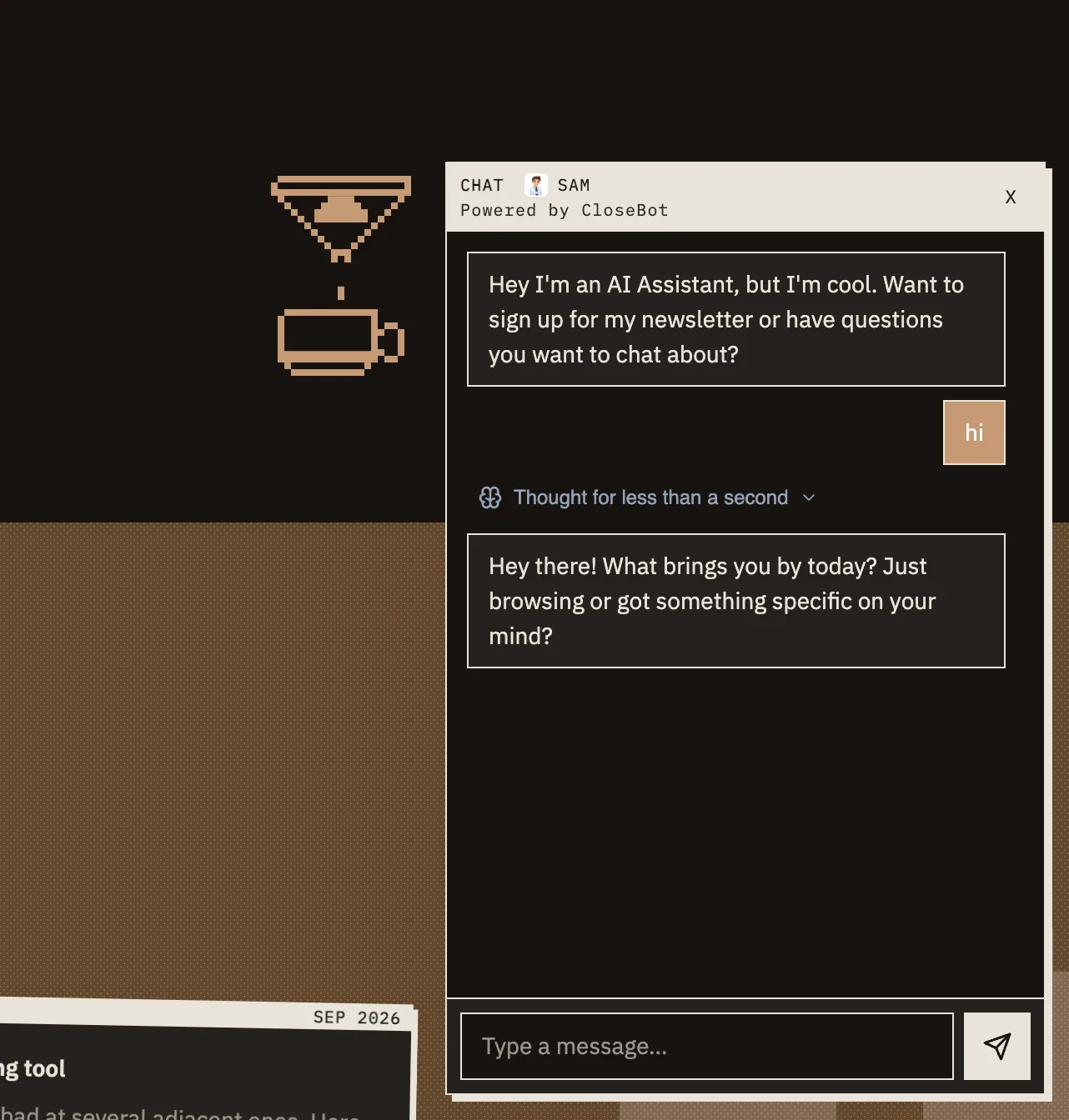 The CloseBot chat widget open on this site, showing an AI assistant greeting a visitor and answering a message